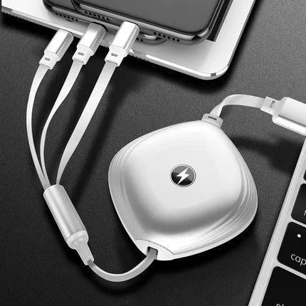 Black telescopic charging cable extended to full length showing three different connector types
