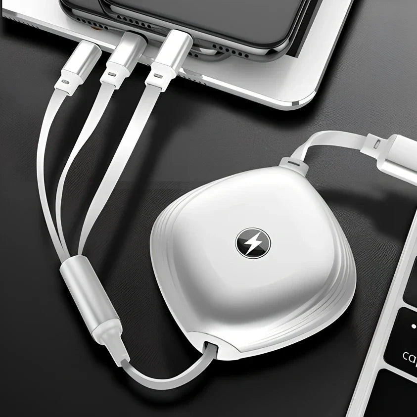 Black 3-in-1 telescopic charging cable extended to 120cm with three titanium alloy connectors for multi-device use