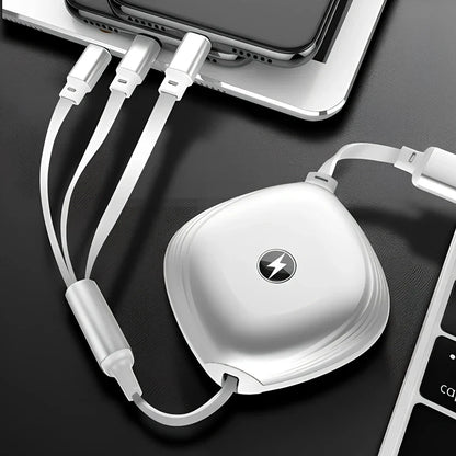 Black 3-in-1 telescopic charging cable extended to 120cm with three titanium alloy connectors for multi-device use
