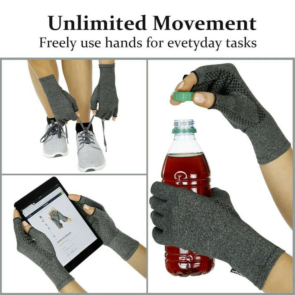 Grey half finger compression gloves with anti-slip palm for arthritis and joint pain relief.