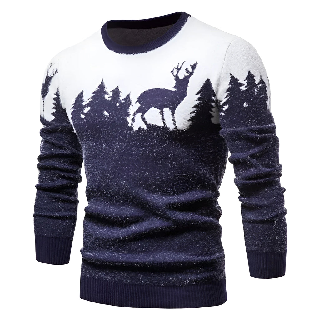 Christmas deer sweater in slim fit with colour block design in red, black, and navy blue