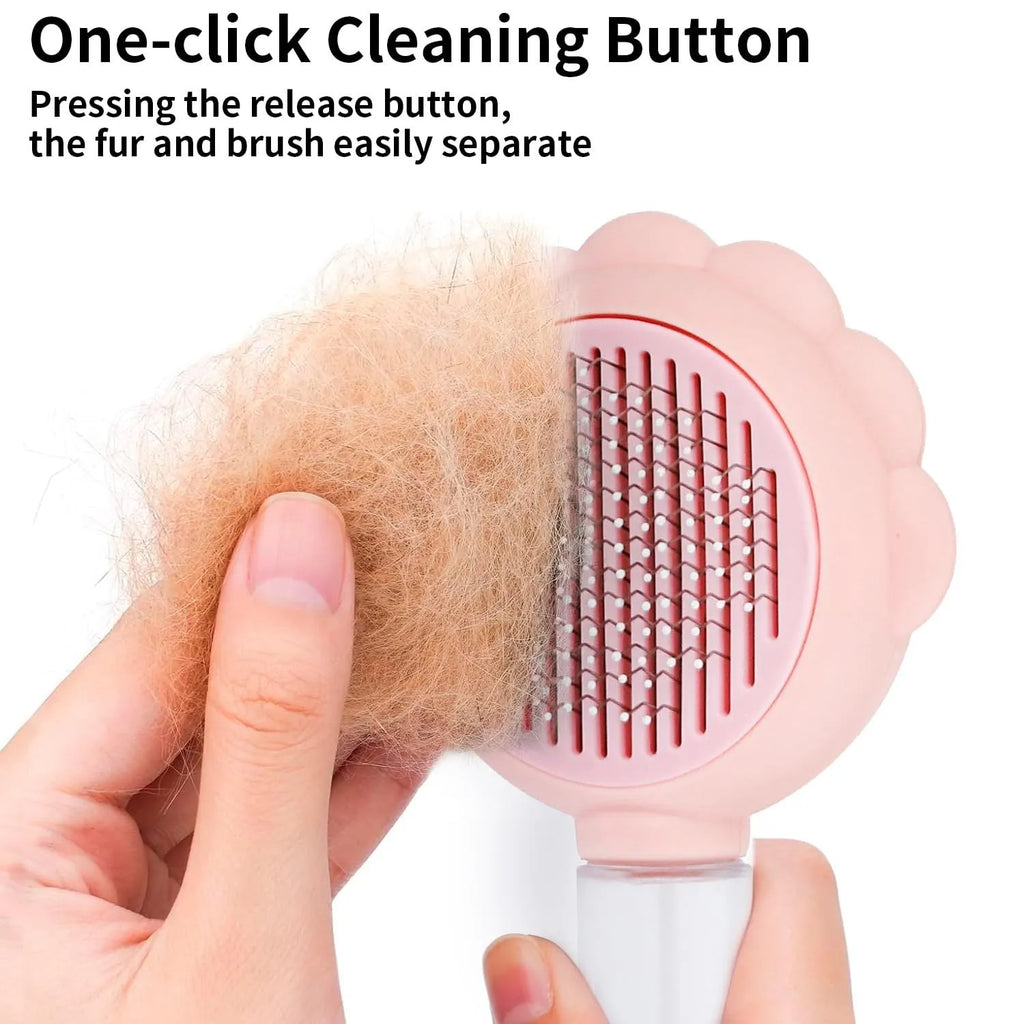 Grey spray cat brush with release button next to a cat, showing curved stainless steel bristles.