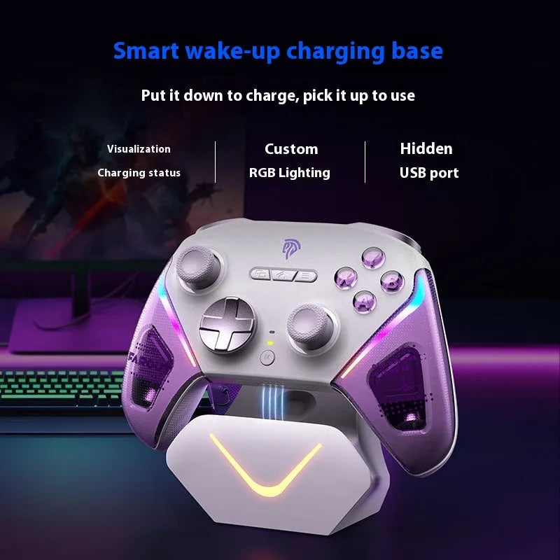 Game controller on charging base with type-C cable, available in black, green, or purple colours