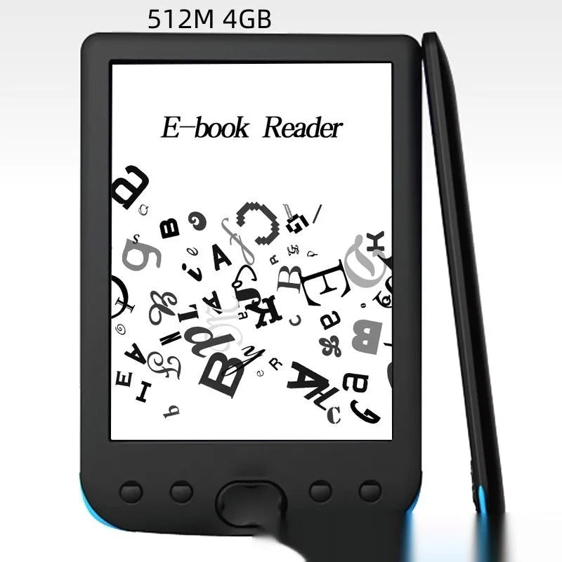 Black 6-inch E-ink screen e-book reader showing its display and compact design.