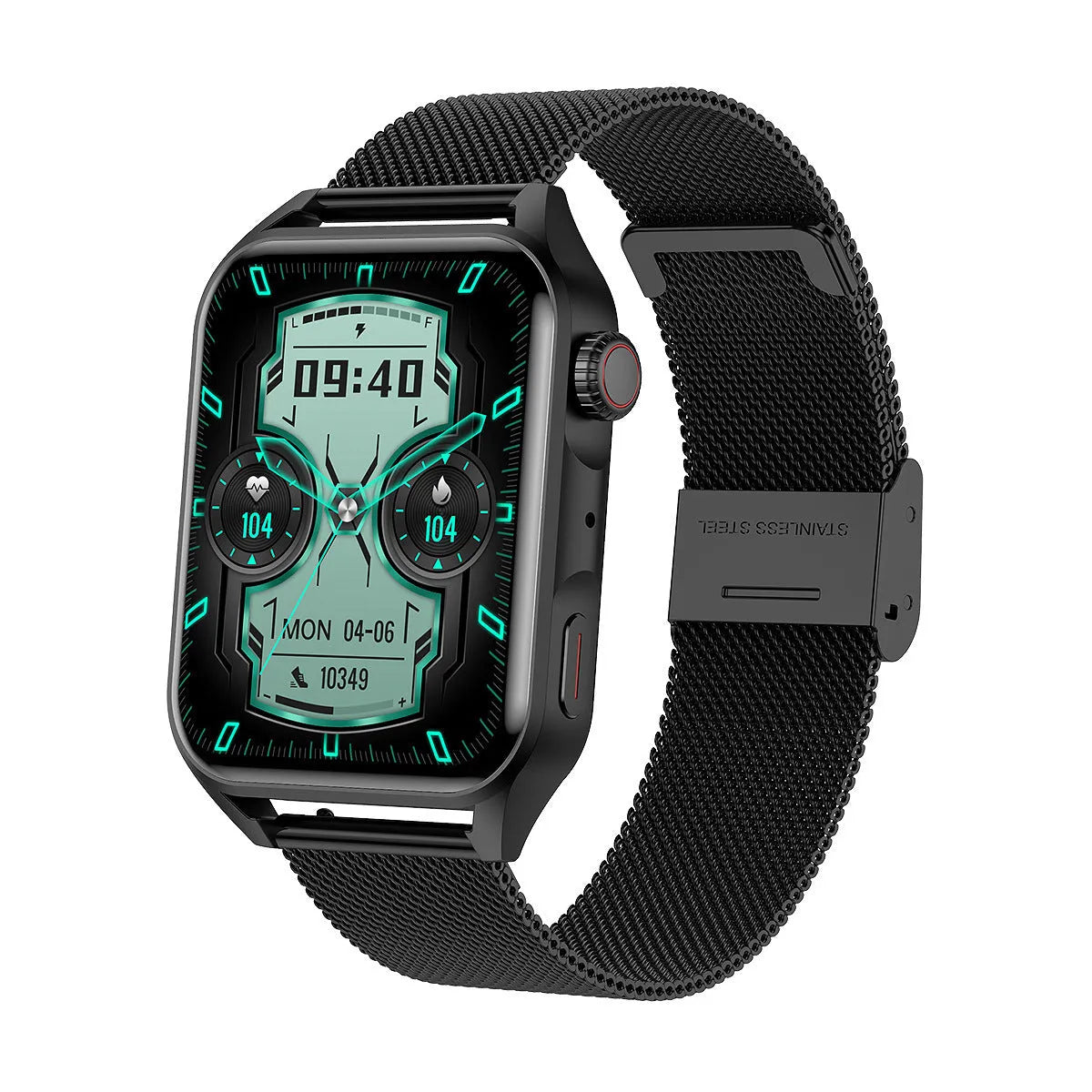 Black AMOLED smart watch with multi-dial display on a silicone wrist strap