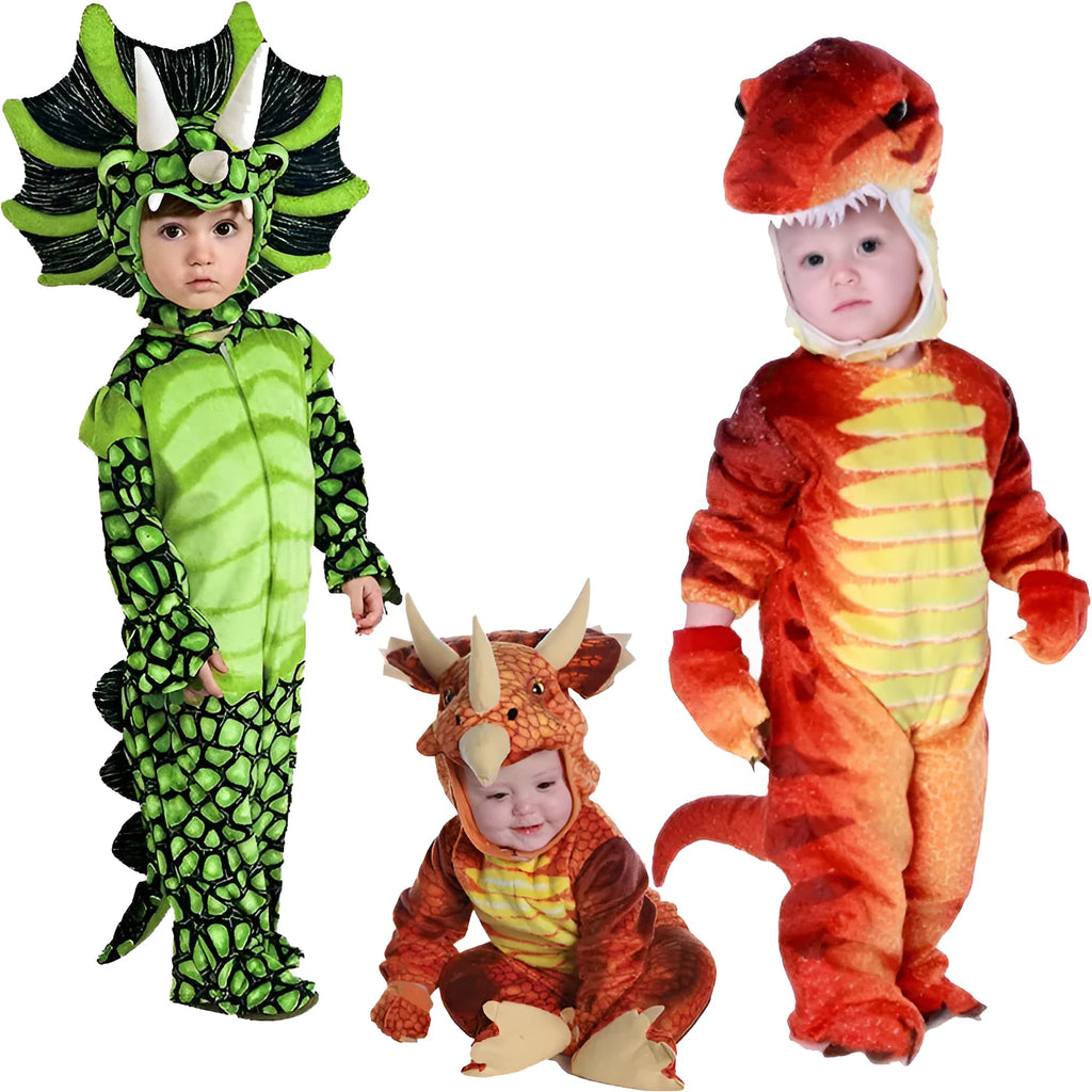 Children's one-piece dinosaur Halloween costume playsuit in green, available in sizes 100cm, 110cm, and 120cm.