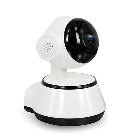 White WiFi baby monitor camera with 720P lens, pan-tilt base, and IR night vision for nursery monitoring