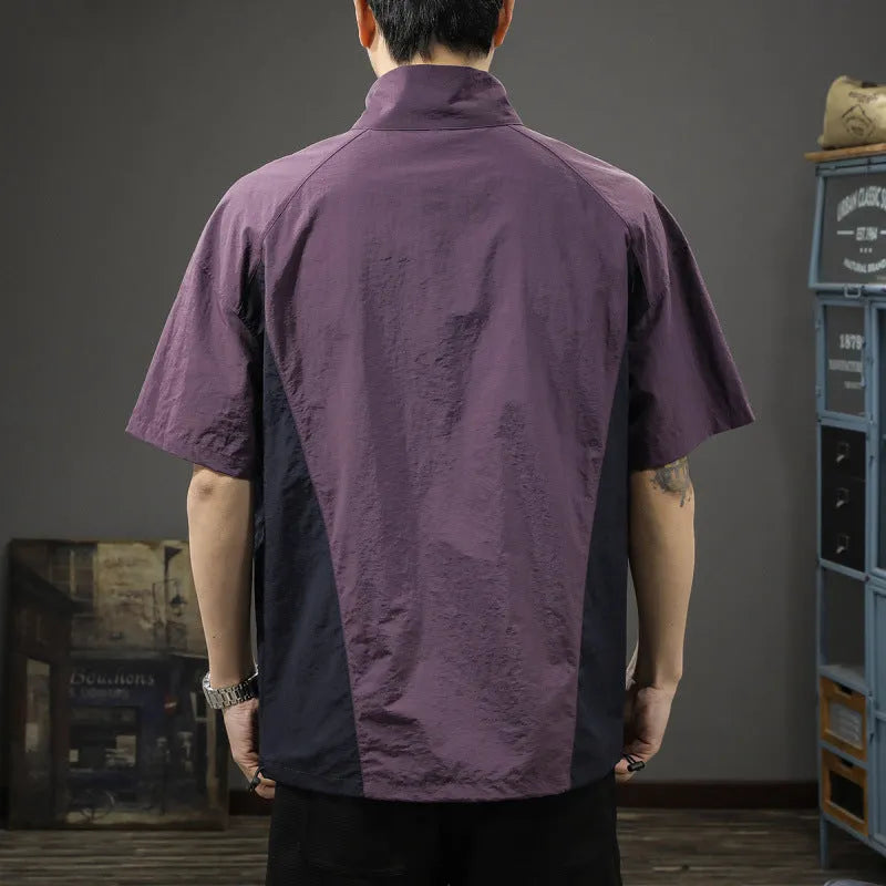 Brown men's half-zip stand collar short sleeve shirt made from ice silk fabric.