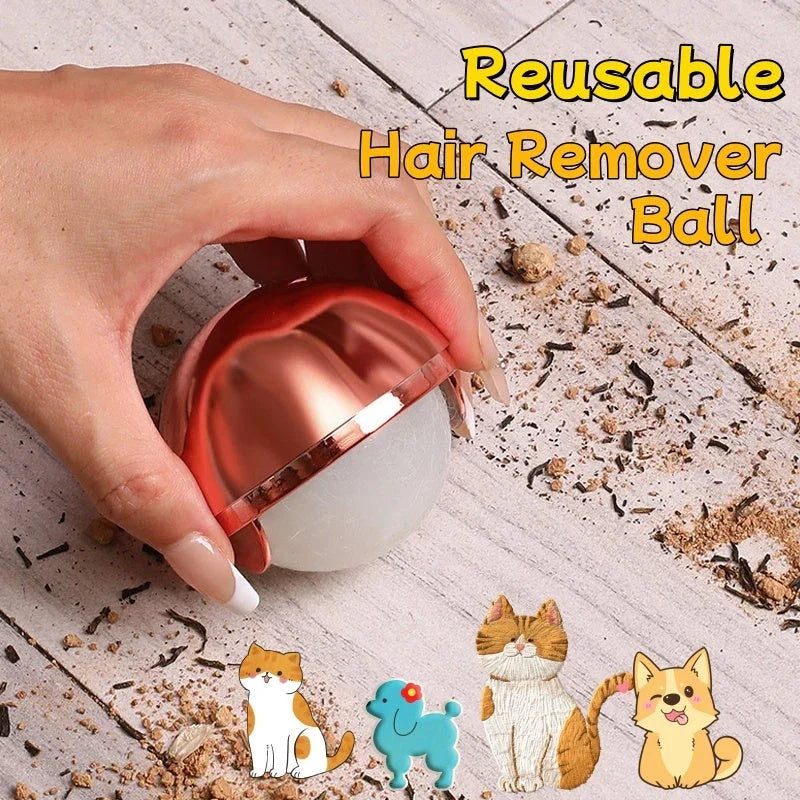 Reusable Pet Hair Remover Ball in Liquid Silver and Rose Gold colors, featuring hydro-slips technology and diatom mud for effective cleaning of clothes, furniture, and surfaces.