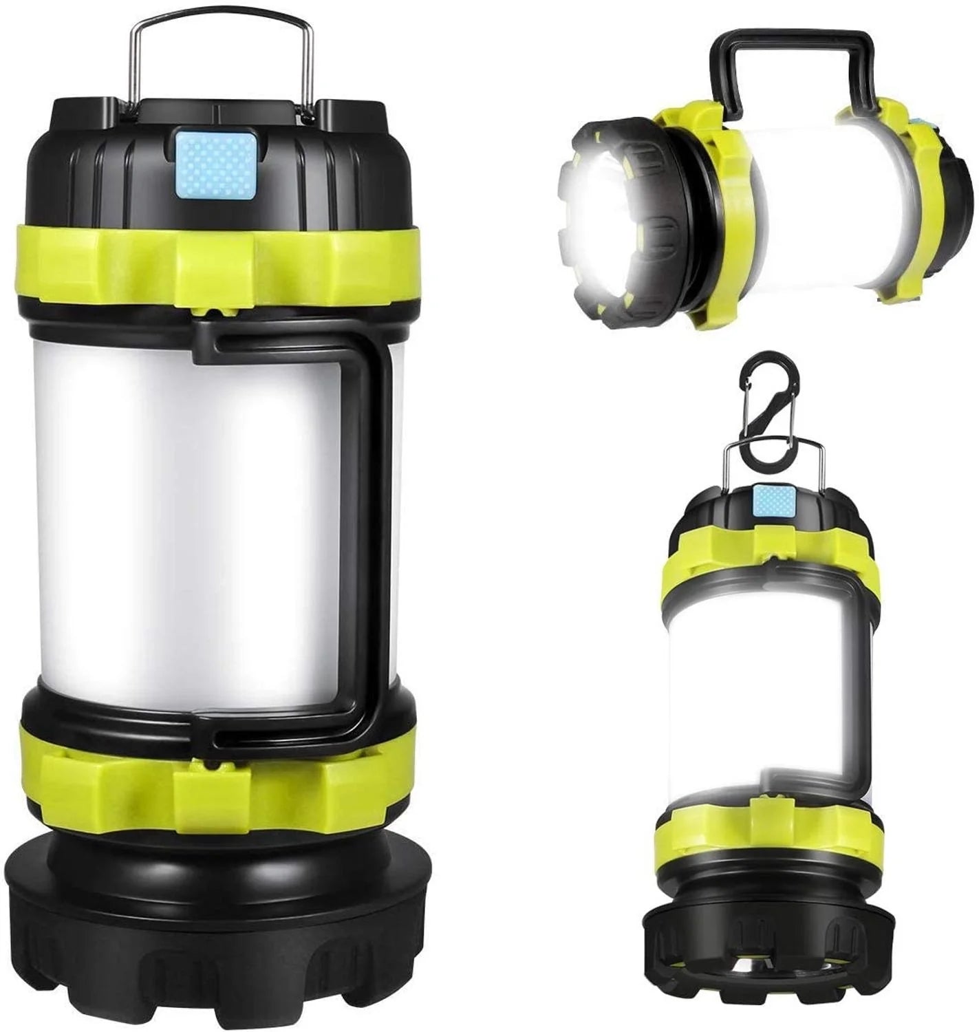 Green rechargeable outdoor camping light with power bank functionality