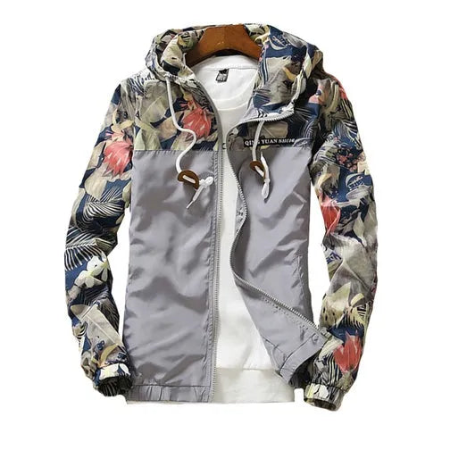 Men's light floral print hooded jacket in black, front view showing zip and multiple pockets