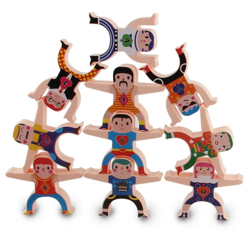16 colourful Hercules plastic building blocks stacked in a balance tower with interlocking hands