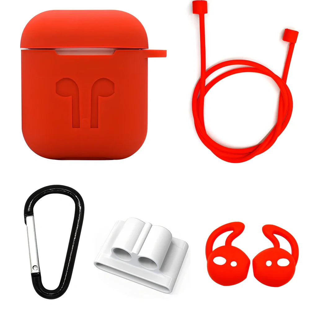 Black silicone protective cover for AirPods with 10cm anti-loss rope, hanging buckle, and earplug sleeves, weighing 36g total