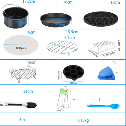 8-inch air fryer accessory set with cake barrel, pizza pan, silicone mat, and safety tools for multi-layer cooking