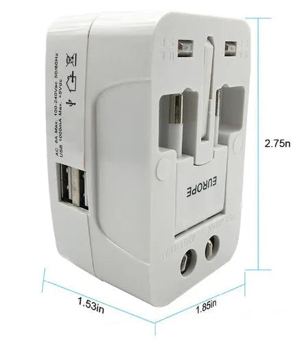 Compact universal travel adapter plug on a white background showing its size and socket.
