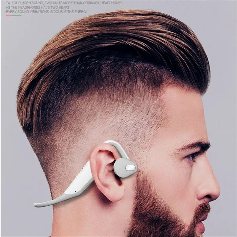 5.0 stereo bone conduction headphones in black, hanging ear design with bilateral drivers