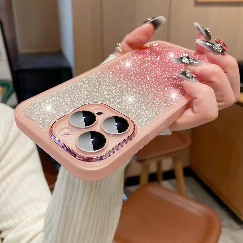 Ultra-thin transparent glitter phone case for iPhone with magnetic suction and multi-colour gradient finish.