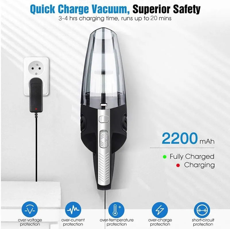 Black cordless handheld car vacuum cleaner with attachments on a grey surface