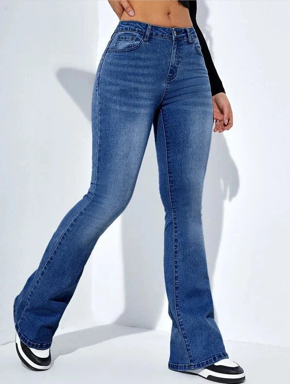 Women's slim-fit flared jeans in high waist stretch cotton, available in blue, light blue, and black.