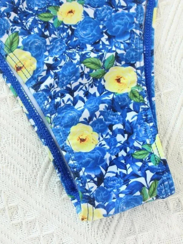 Ladies solid blue backless bikini swimsuit two-piece set polyester fibre