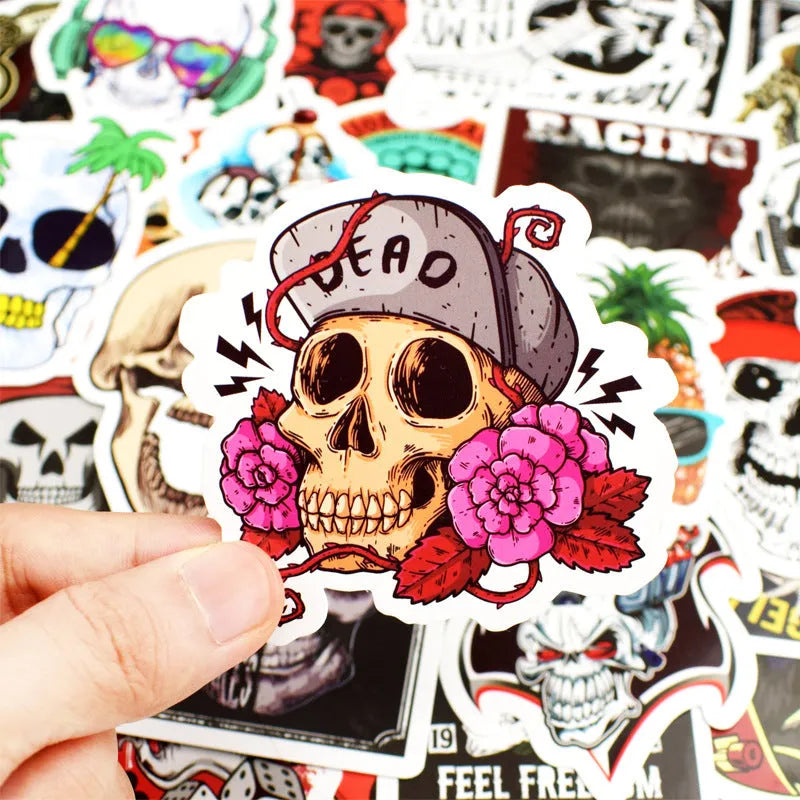 Skull head doodle sticker set of 50, PVC, waterproof, die-cut, multi-colour on white background