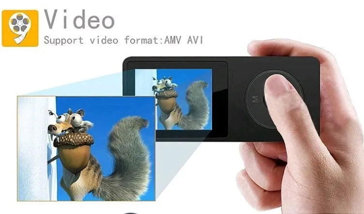 1.8 inch screen MP4 player in various colours showing display interface and compact 90mm design
