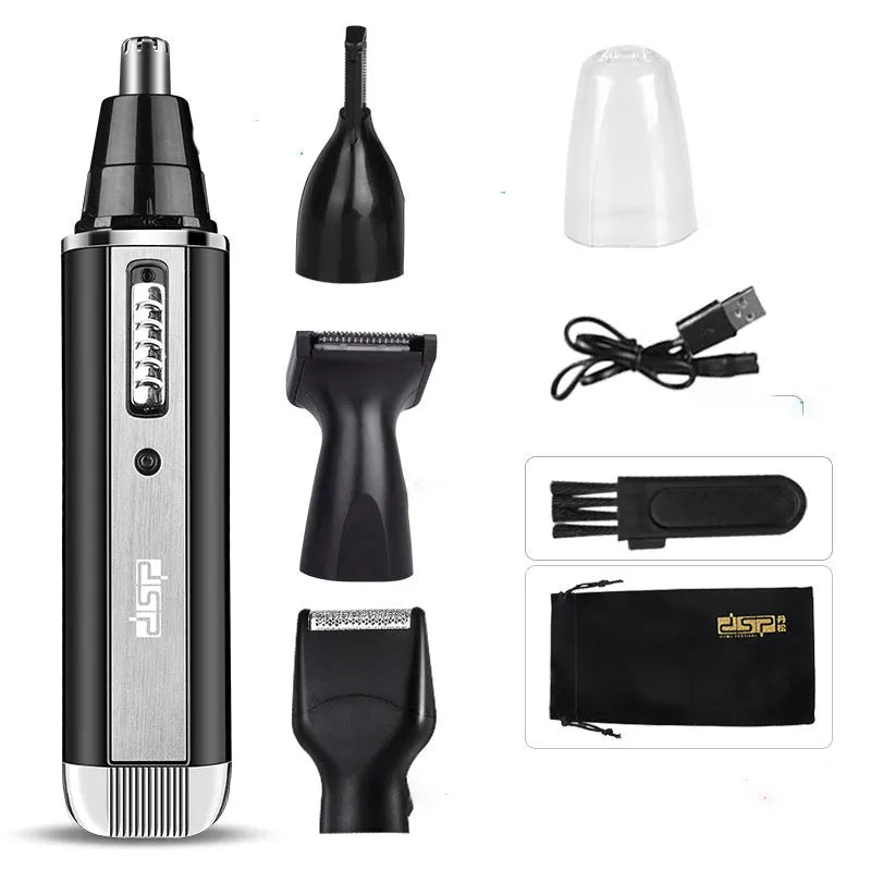 Rechargeable electric shaver grooming kit in black, with multiple trimming attachments laid out.