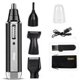 Rechargeable electric shaver grooming kit in black, with multiple trimming attachments laid out.