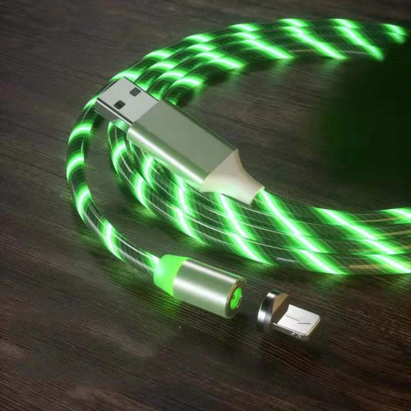 Magnetic charging cable with LED indicator, available in blue, red, green, and colorful options.