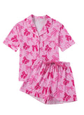 Pink bow print women's two-piece pajama set with top and trousers