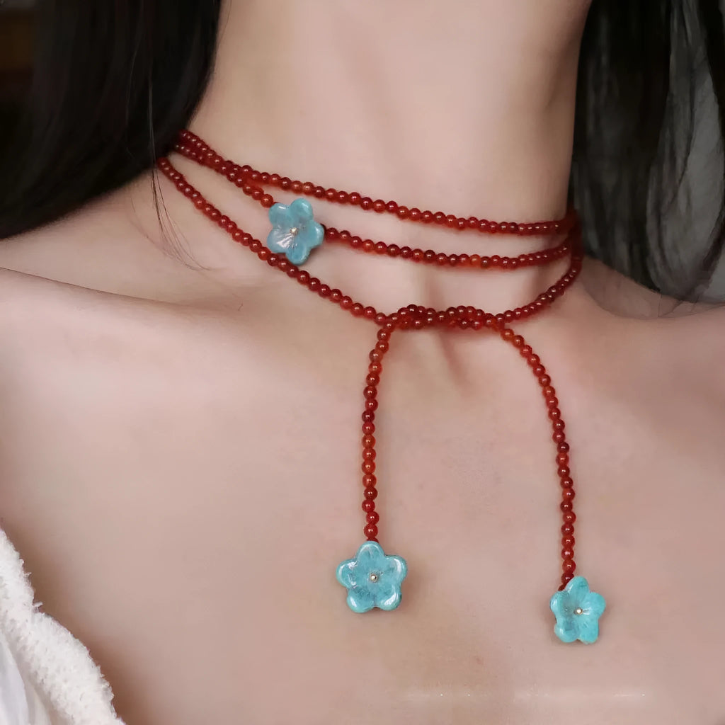 Red agate beaded necklace with acrylic geometric pendant and regular chain