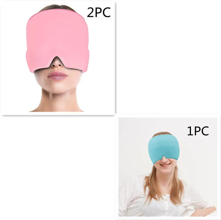 Black elastic cloth gel eye mask for headache relief showing adjustable head strap