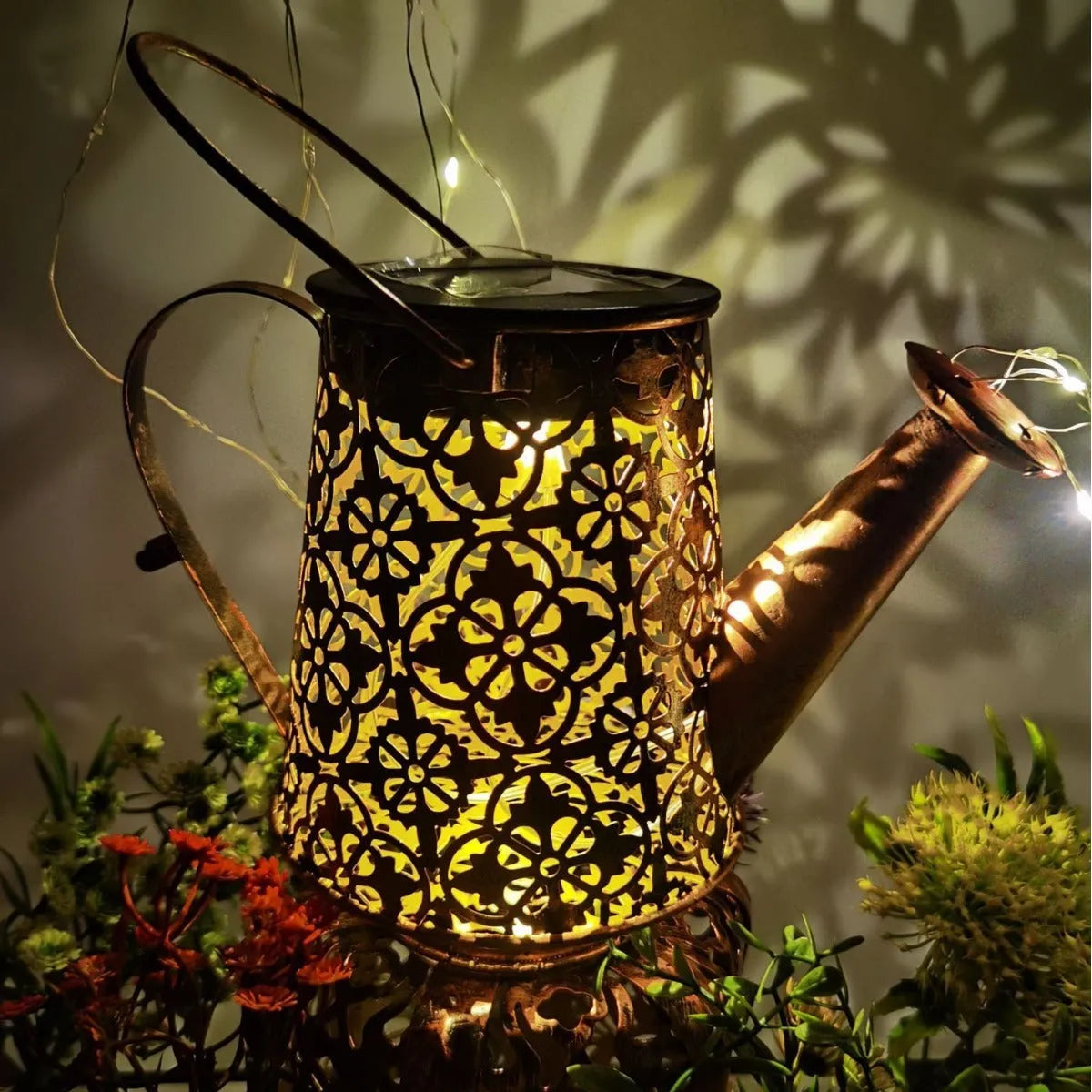 Solar-powered butterfly kettle courtyard lamp with wrought iron construction for outdoor garden decoration