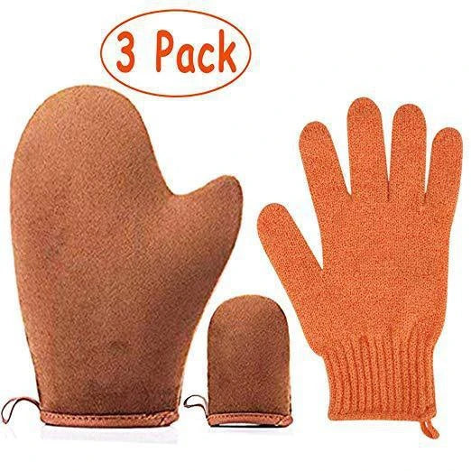 Premium 4-in-1 self-tanning applicator kit with soft, streak-free mitt, exfoliating glove, mini face mitt, and back applicator for flawless, natural-looking tan