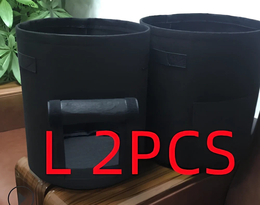 Black breathable non-woven plant growth bag with side window and double handles for potato cultivation