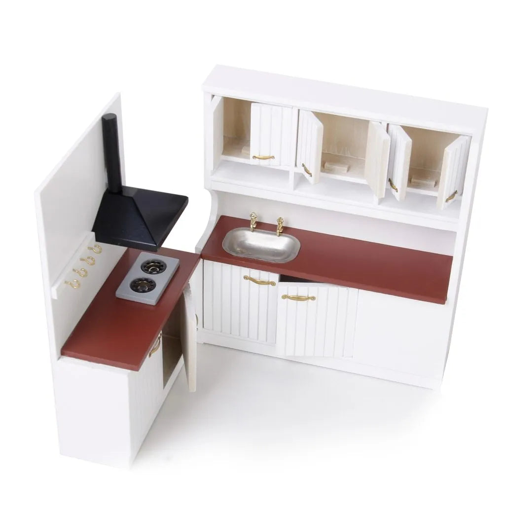 White European-style dollhouse kitchen cabinets with working doors and round metal handles