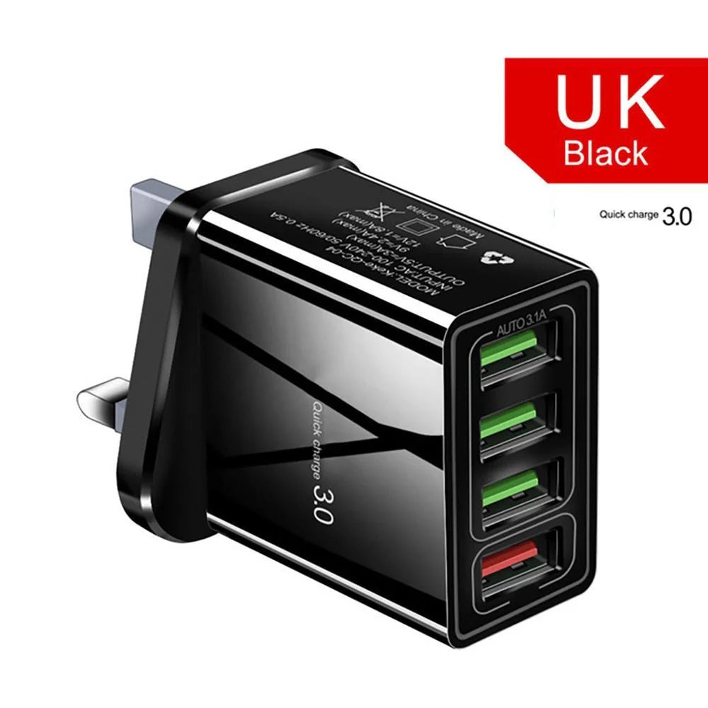 Illuminated 4USB Mobile Phone Charger with fast charging capability, available in black and white