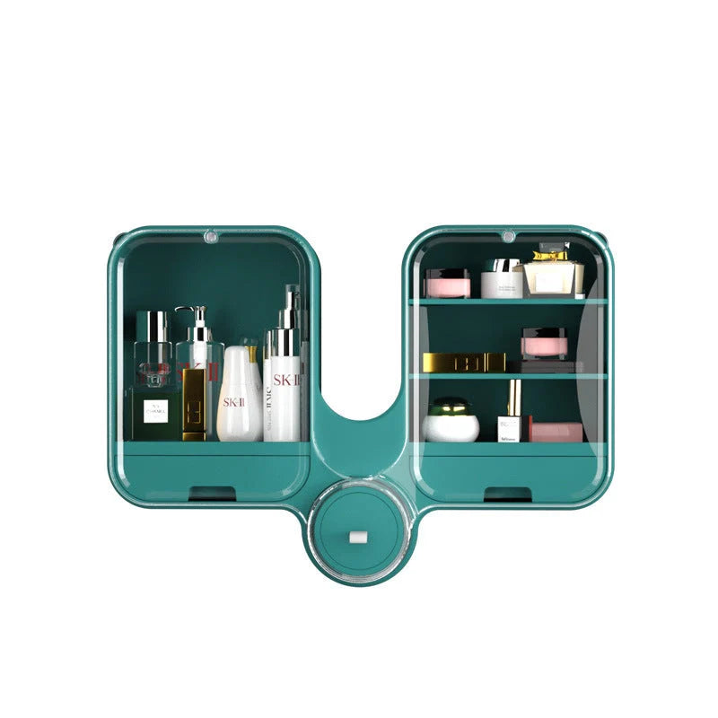 Wall-mounted cosmetic storage box in orange, green, or white with rotating lid and no nails required
