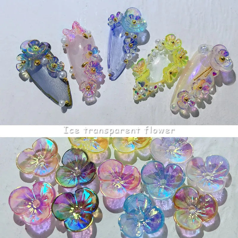 Container of flower and butterfly shaped nail sequins in mixed colours blue champagne grey pink transparent yellow
