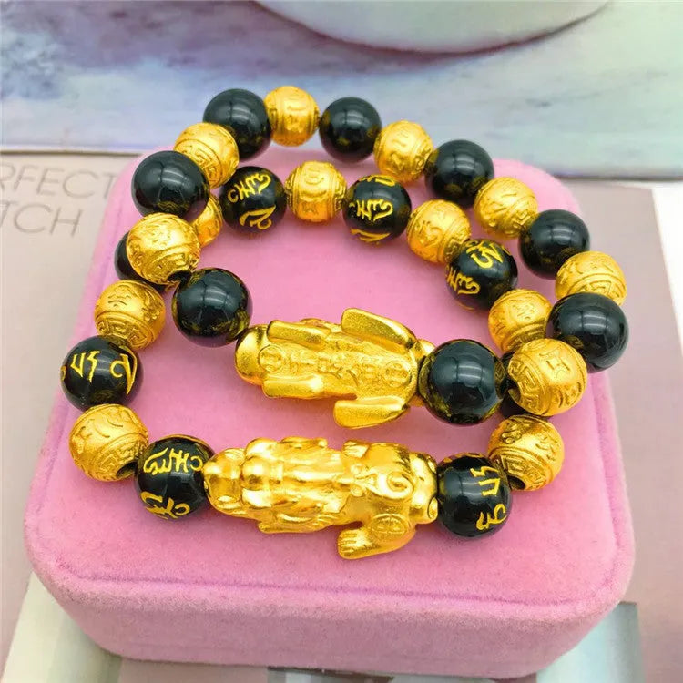 Vietnamese sand gold gold-plated brave bracelet with black beads, unisex design
