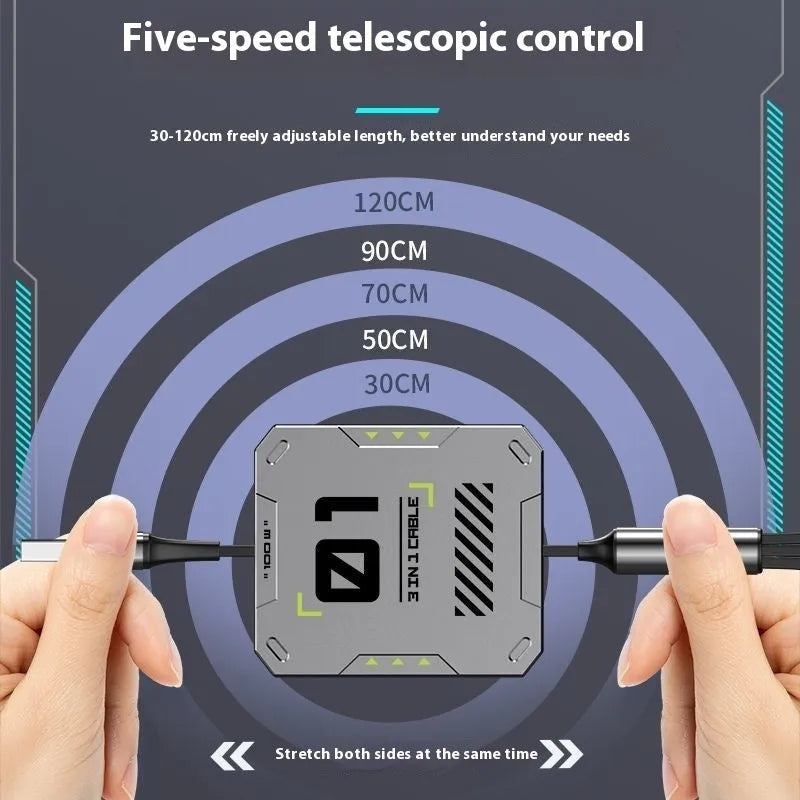 Three-in-one telescopic data cable 100W super fast charge Mini USB TPE+ABS grey black