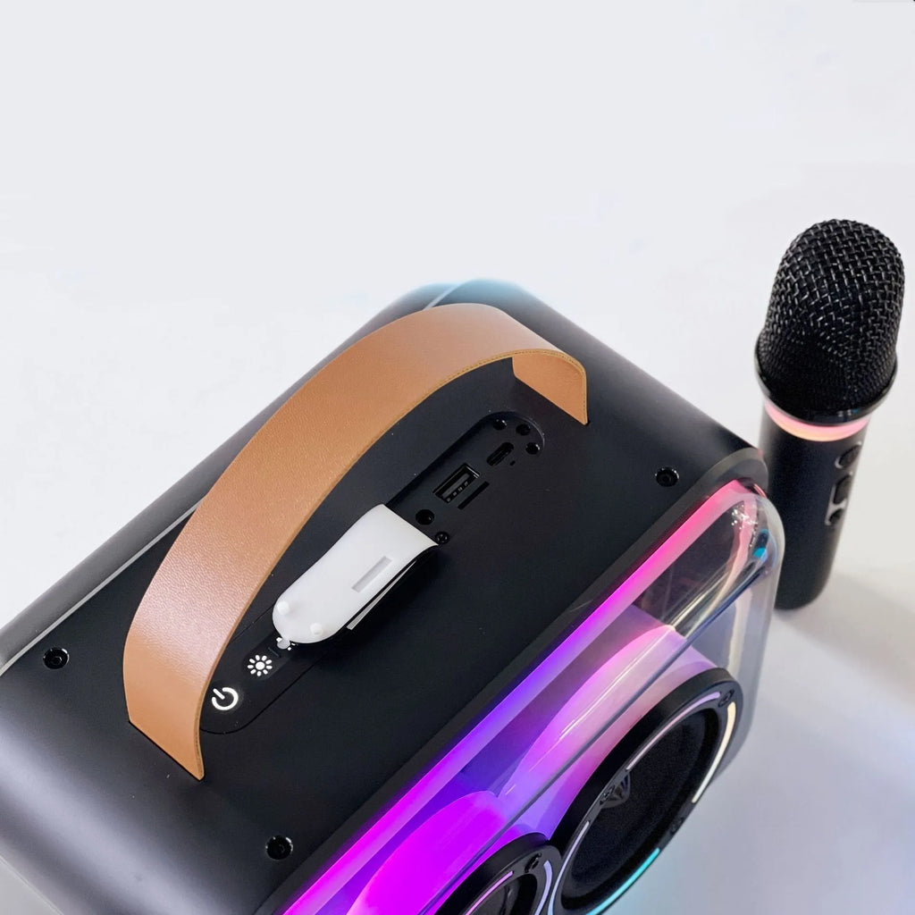 Portable Bluetooth karaoke speaker with RGB lighting in light yellow or black colour options