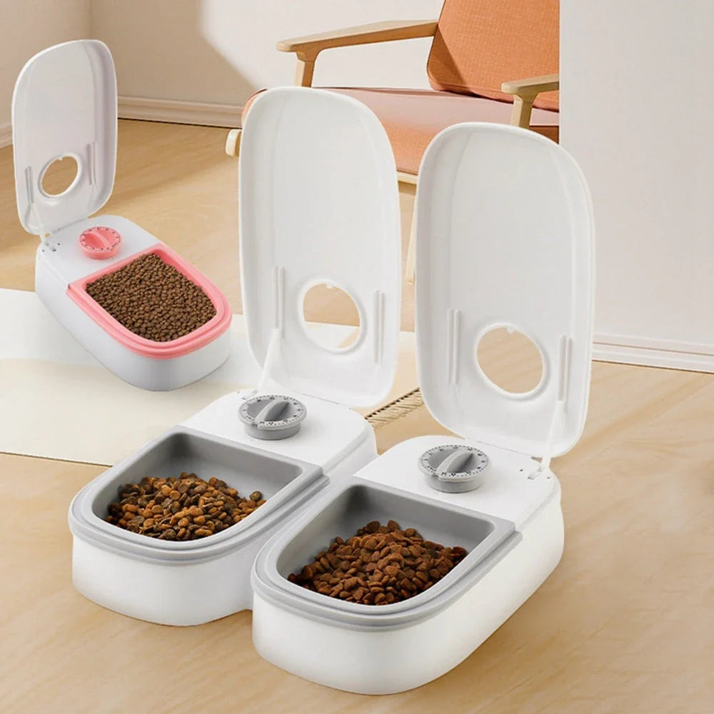 Automatic pet feeder with gravity-powered food and water dispensers for cats and dogs