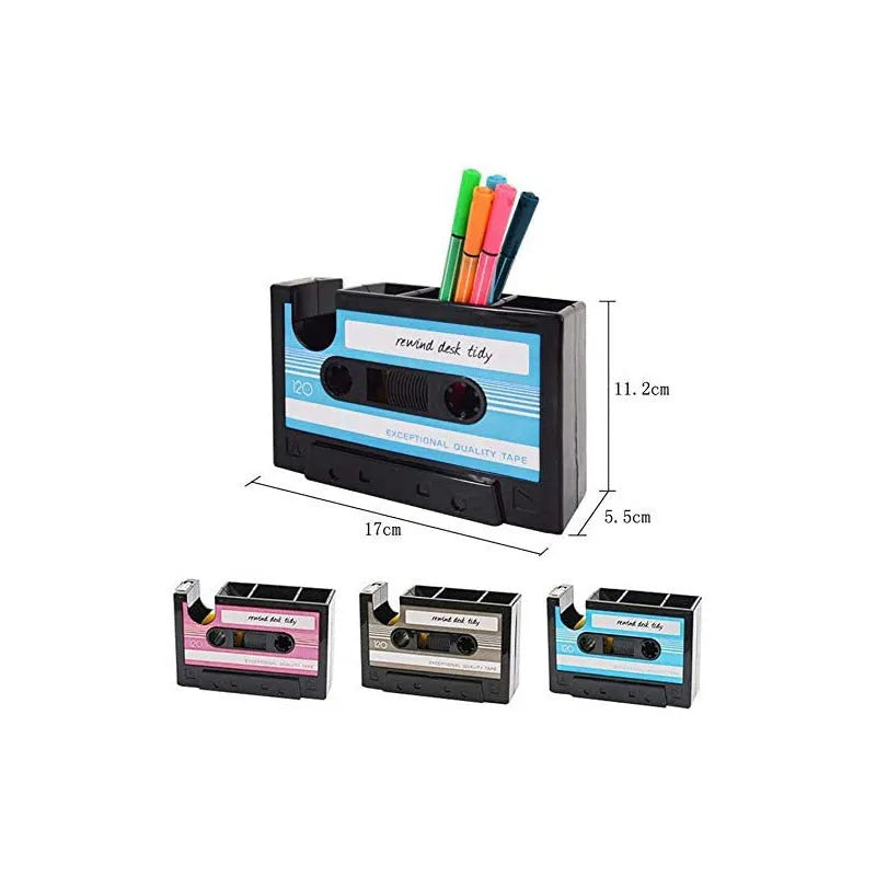 Multifunctional plastic pen holder storage box in blue, small size 17x5x11.5cm on a desktop with stationery and cables