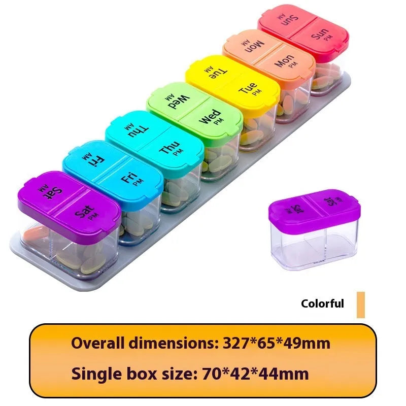 Extra large white and rainbow coloured plastic pill box with 14 removable grid compartments.