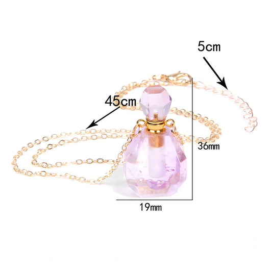 Crystal perfume bottle pendant necklace with tiger eye cap on 45 cm silver chain, 4 cm size in FI0636 colour variant