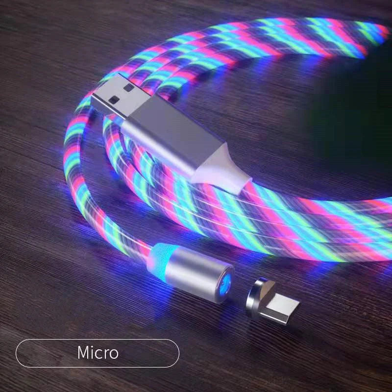 Magnetic charging cable with LED indicator, available in blue, red, green, and colorful options.