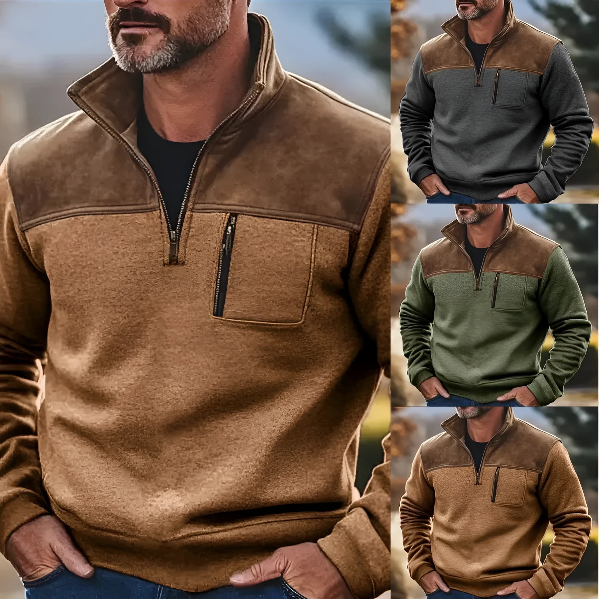 Men's zipper fleece sweater in gray 7129 colour, long sleeve pullover style