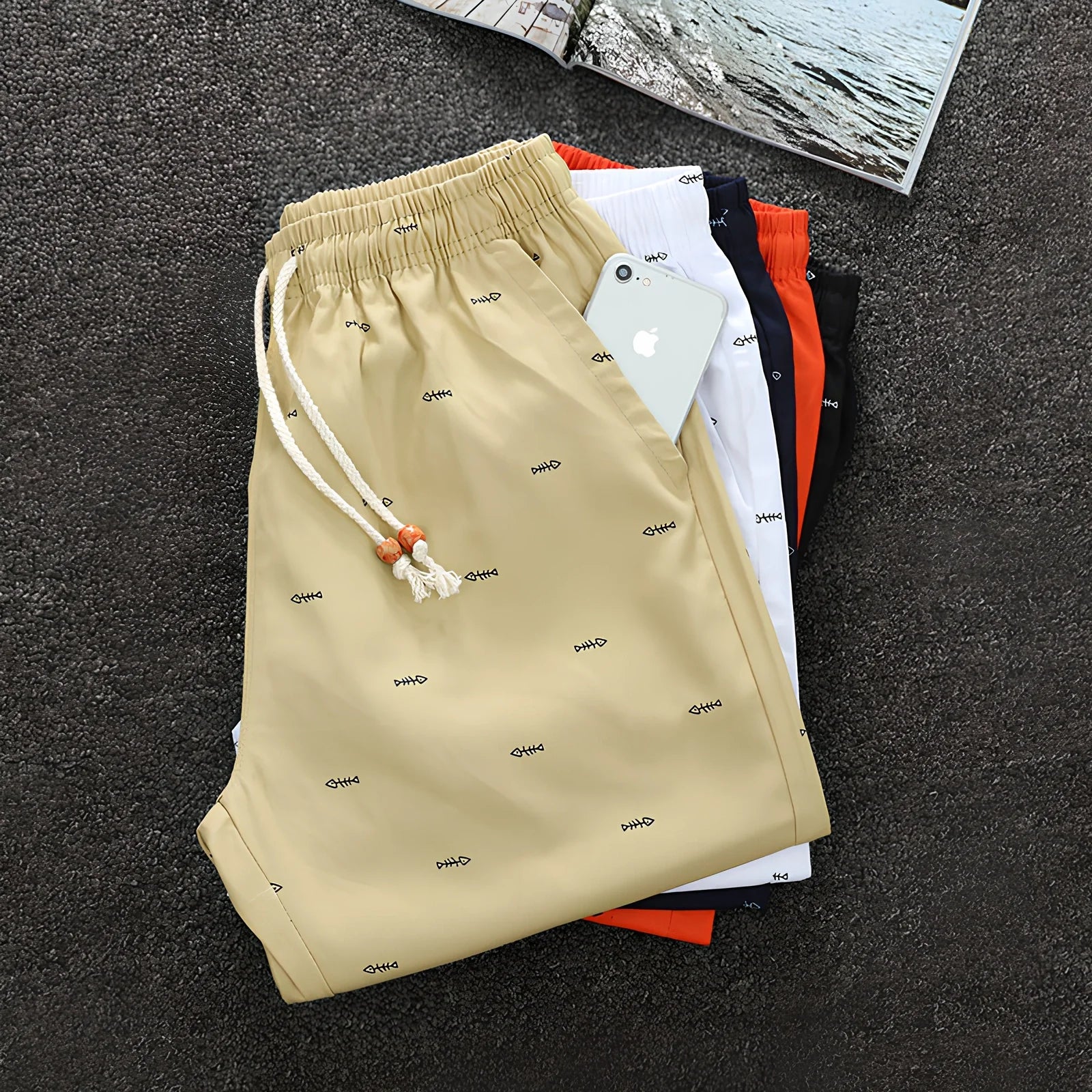 Cotton beach shorts with reinforced stitching in multiple colours and sizes