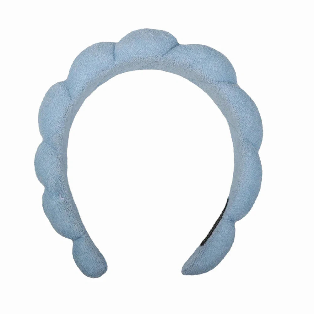 Handmade cloth SPA headband in pink, denim blue, black, or white for facial treatments and showers